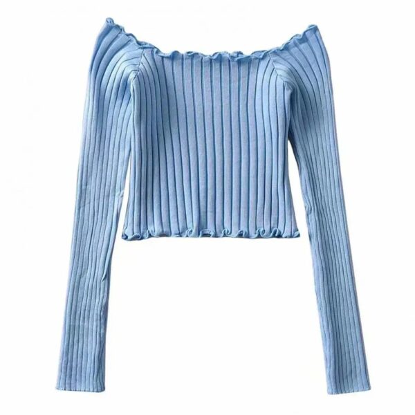 Women Fall Spring Short Top Knitted Long Sleeve Shirring Edge Slim Fit Elastic Pullover Bottoming Cropped Blouse Lady Sweater