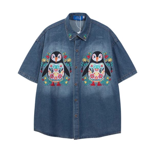 Penguin Embroidery Denim Shirts Men Summer Vintage Streetwear Washed Distressed Lapel Single Breasted Half-Sleeve Shirts Men