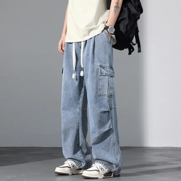 Large Pocket Baggy Jeans Men's New Spring Classic Straight Denim Trousers Street Y2K Elastic Waist Casual Cargo Pants
