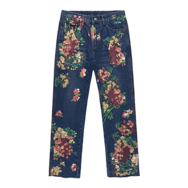 Floral Graffiti Straight Jeans for Men Vintage Blue Brushed Raw Edge Denim Pants Aesthetic Y2k Korean Streetwear