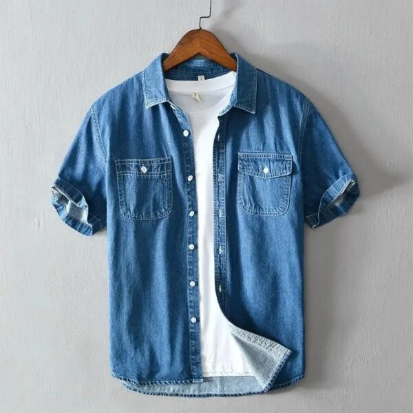 Japanese Style Short Pocket Denim Shirt Men's Summer Casual Outerwear Cotton Jeans Jacket for Young Men Simple Design