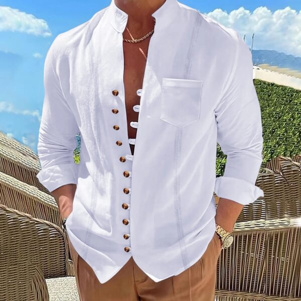 Men's new vintage stand collar cotton linen pocket long sleeve shirt casual multi-button solid color