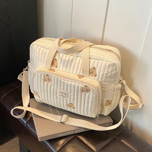 Cute Bear Flower Embroidery Pattern Baby Beige Cotton Fabric Zipper Diaper Handbag New Luggage Bag