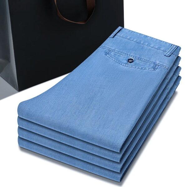 Spring Summer New Men's Thin Light Blue Loose Jeans Business Fashion Lyocell Fabric Stretch Denim Trousers Male Brand Pants