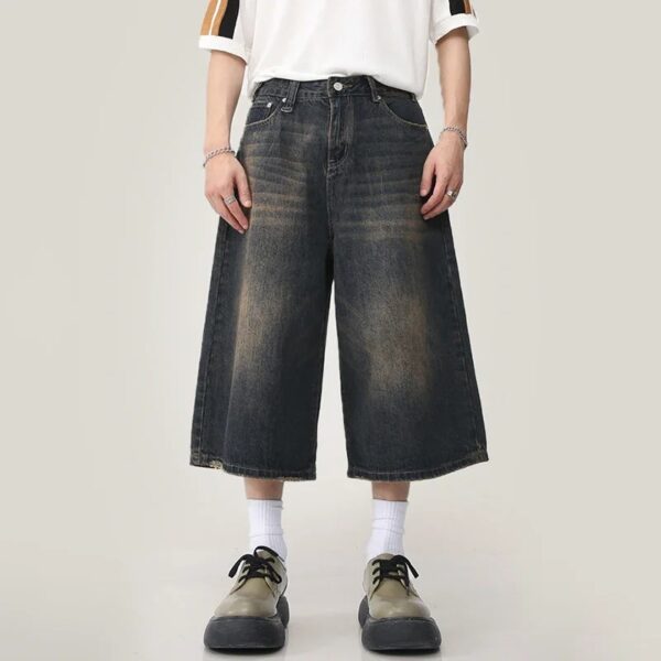 Korean Casual Baggy Straight Wide Leg Calf Length Pants New Summer Men Capri Short Jeans Male Fashion Retro Blue Denim Mid Pants