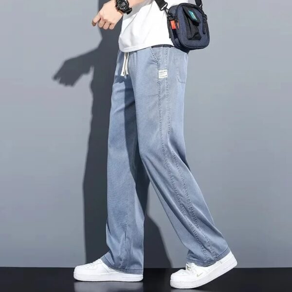 Soft Lyocell Fabric Men's Jeans Thin Loose Straight Pants Drawstring Elastic Waist Korea Casual Trousers